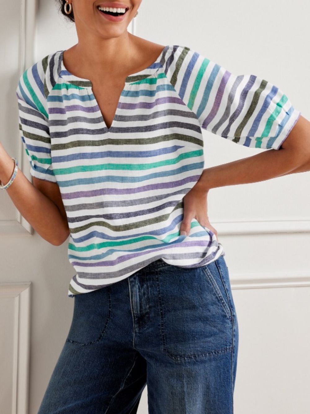 Talbots 100% Linen Popover Rockport Striped Notch-Neck Blouse Small